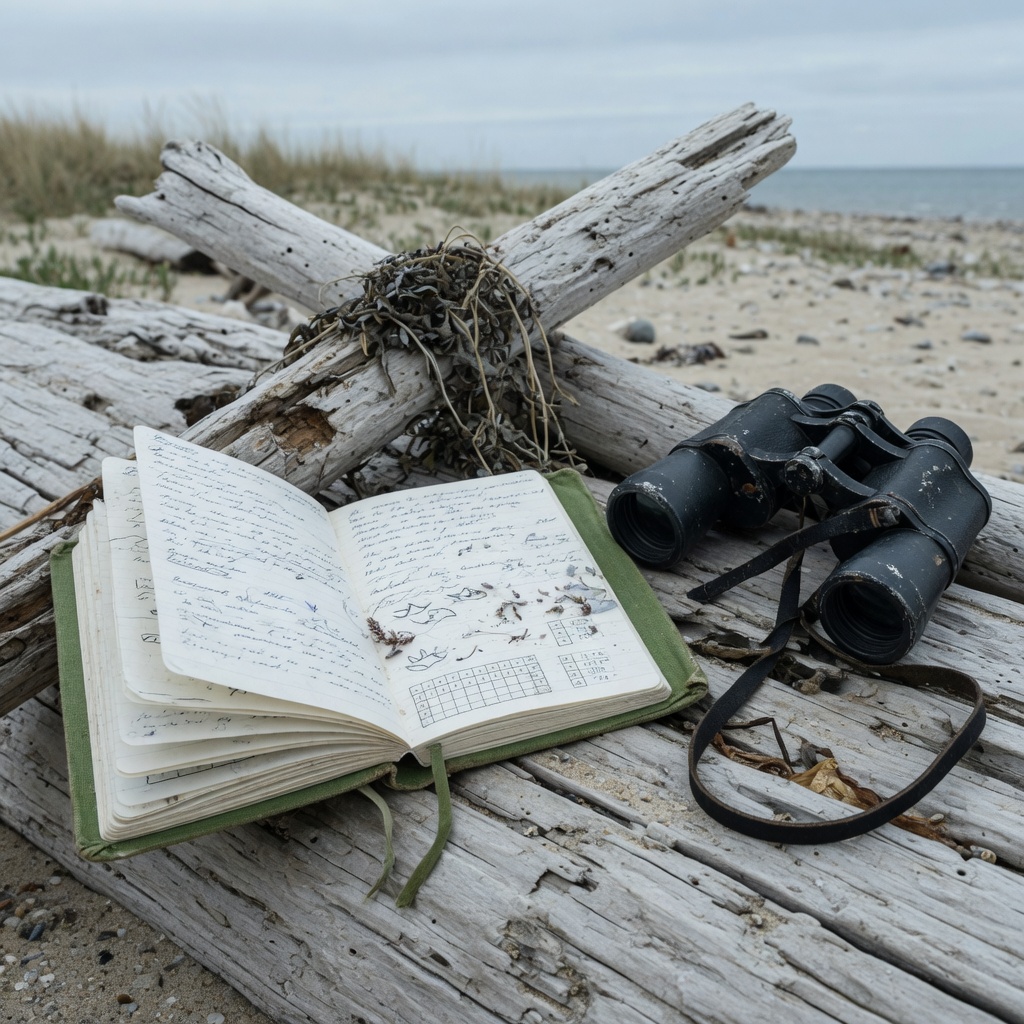 Notebook and binoculars on driftwood
